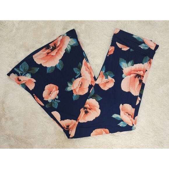 HONEY & LACE Womens Palazzo Wide Leg Floral Blue Pants Boho Retro Plus Size 2X - Picture 2 of 9